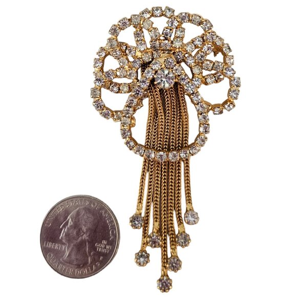 Gold Tone Vintage Prong Set Rhinestone Bow Waterfall Chain Tassel Brooch L79 - Picture 9 of 11